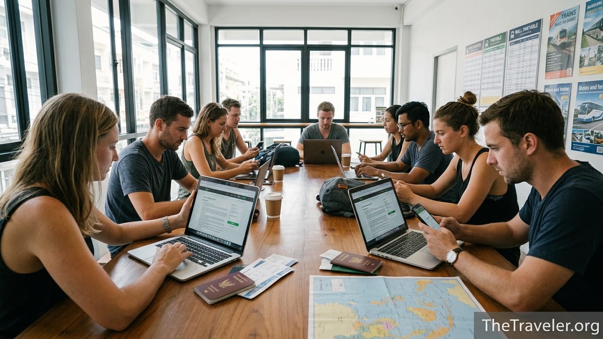 Travelers in a hostel checking 12Go booking details on laptops and phones.
