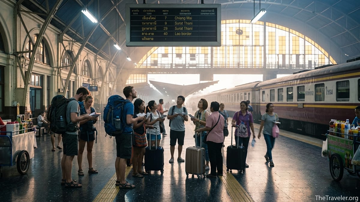 Travellers with backpacks checking tickets at a busy Bangkok train station platform at dawn.