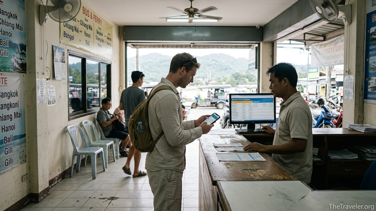 Traveler using a phone to confirm a 12Go ticket at a Southeast Asia bus and ferry office.