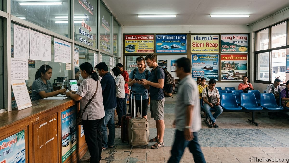 Traveler comparing 12Go tickets on a phone with local bus schedules at an Asian ticket office.