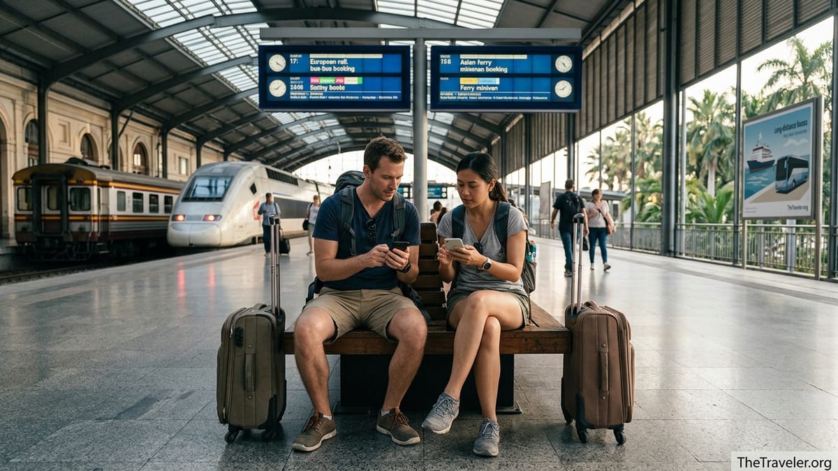 Two travelers compare transport booking apps on phones inside a busy modern train station.