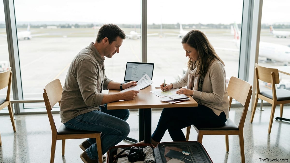 Couple at an airport reviewing travel insurance documents before an overseas trip.