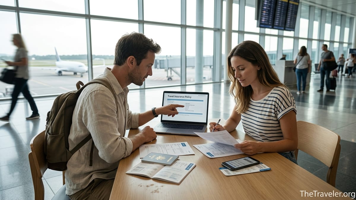 Couple at airport table reviewing travel insurance documents before a flight.
