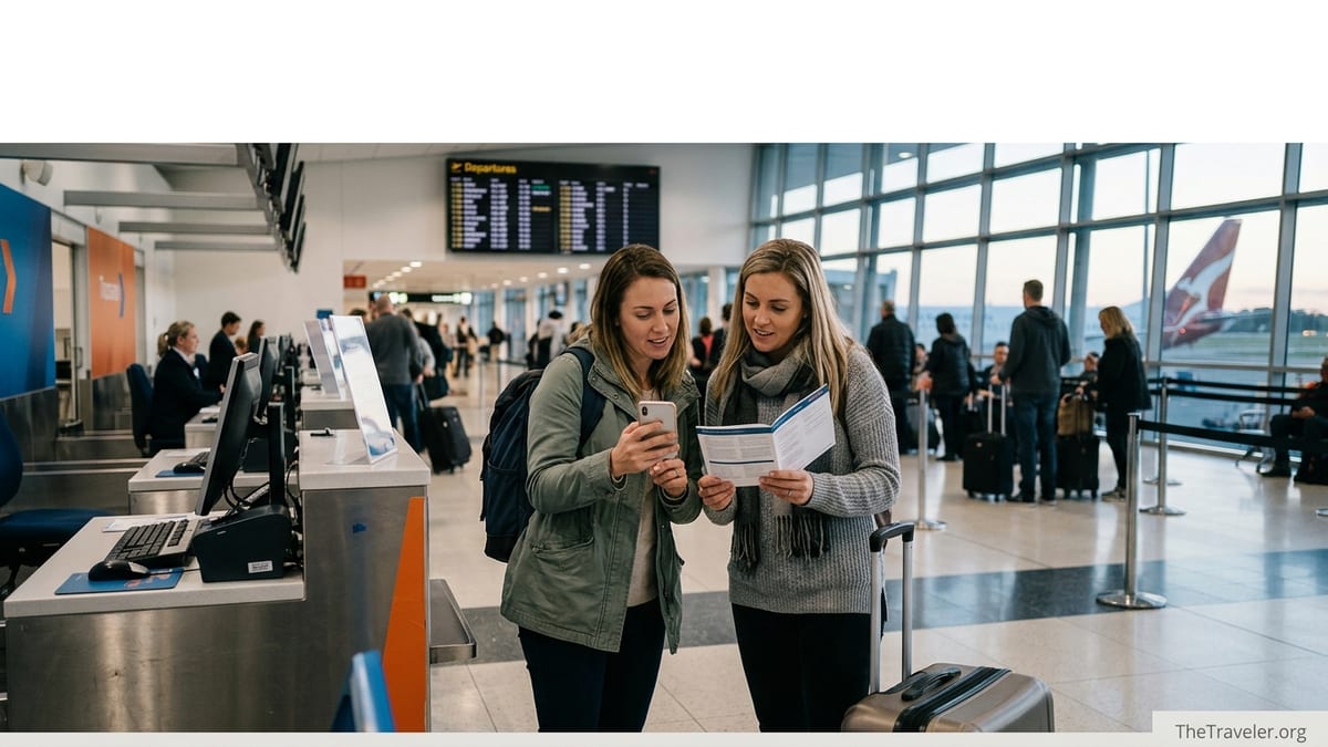 Two travellers in an airport departures hall comparing travel insurance documents before an international flight.