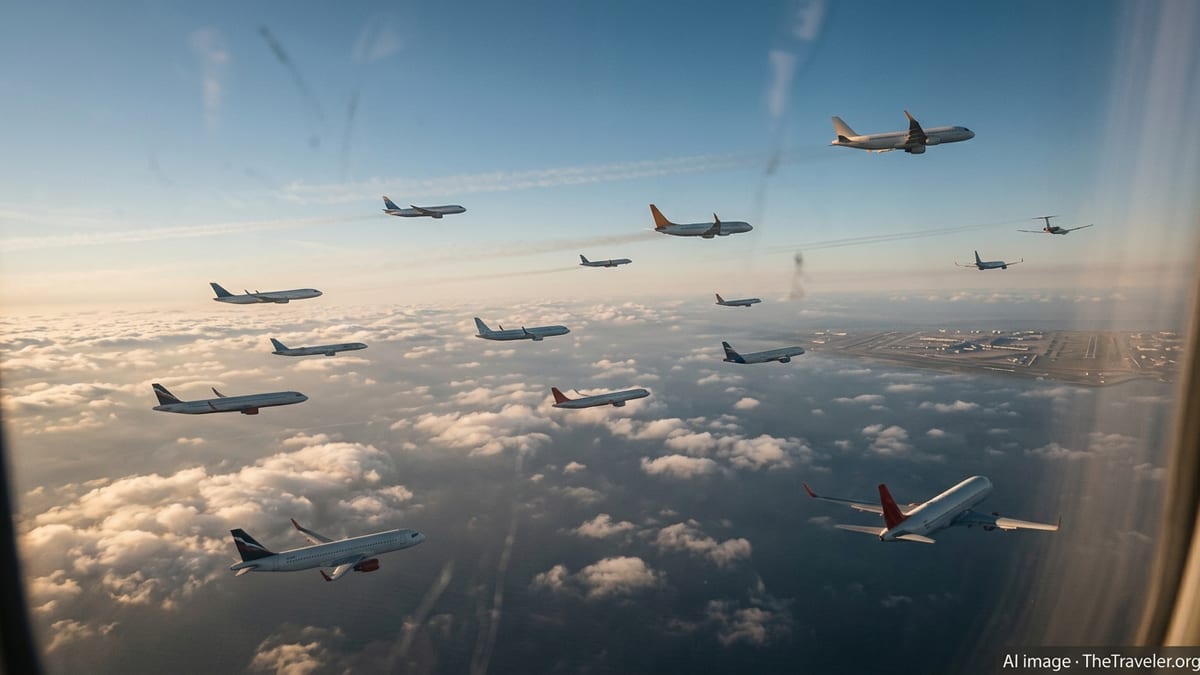 Passenger jet flying above clouds at sunrise with other aircraft visible in the distance.
