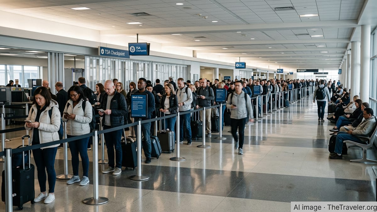 Travelers stand in a long TSA security line at a busy U.S. airport during a government shutdown.