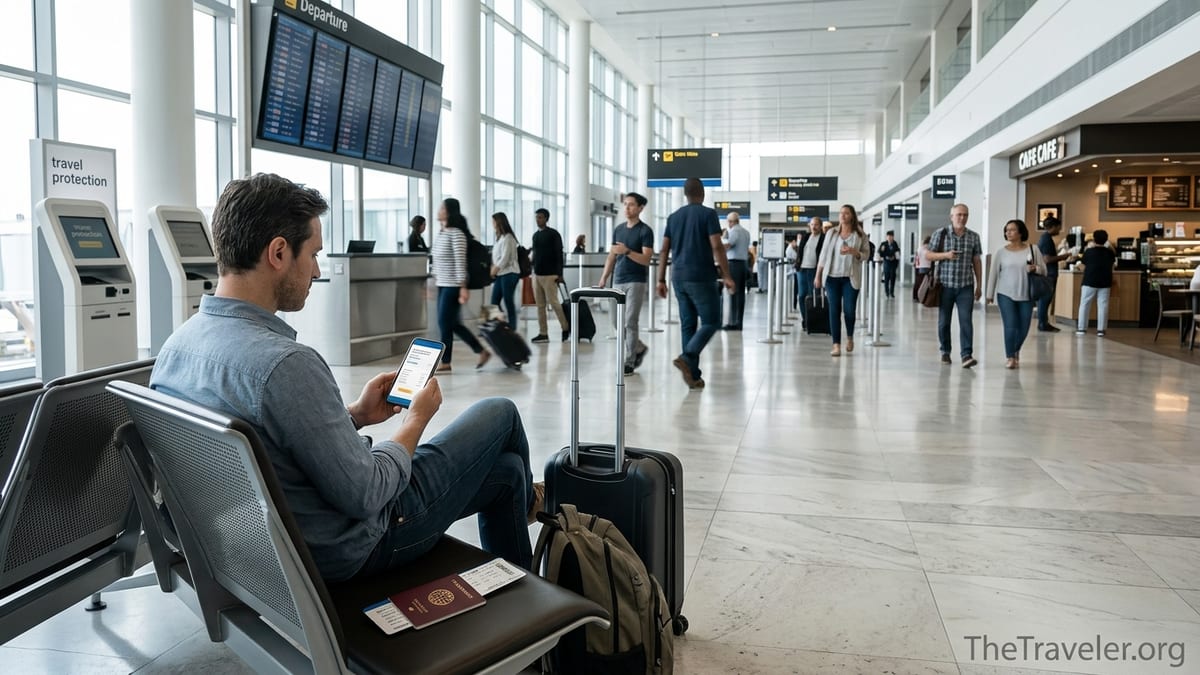 Traveler reviewing travel insurance on phone in a busy airport departure hall