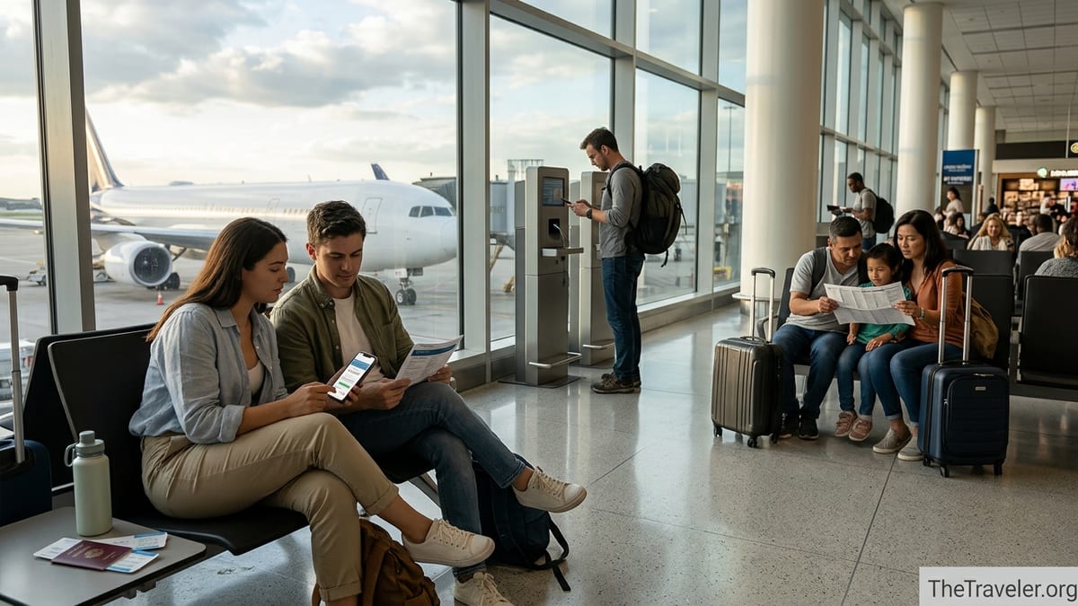 Travelers in an airport lounge reviewing a travel insurance app and trip documents.