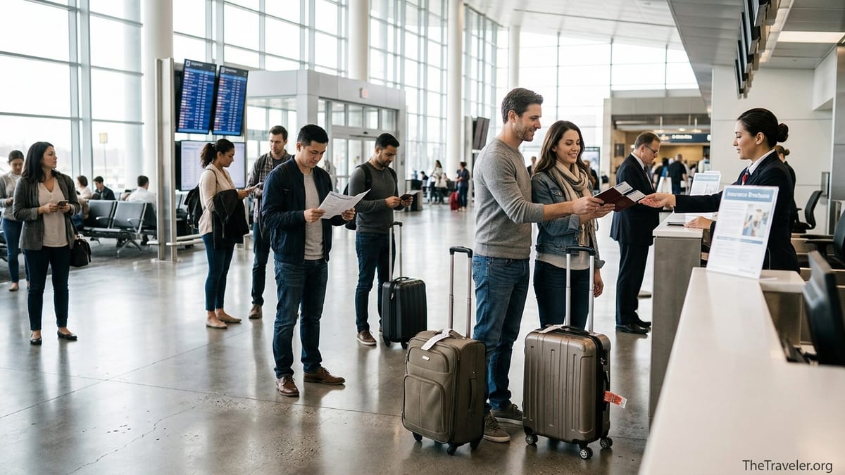 Travelers review insurance documents at an airport check-in counter before departure.