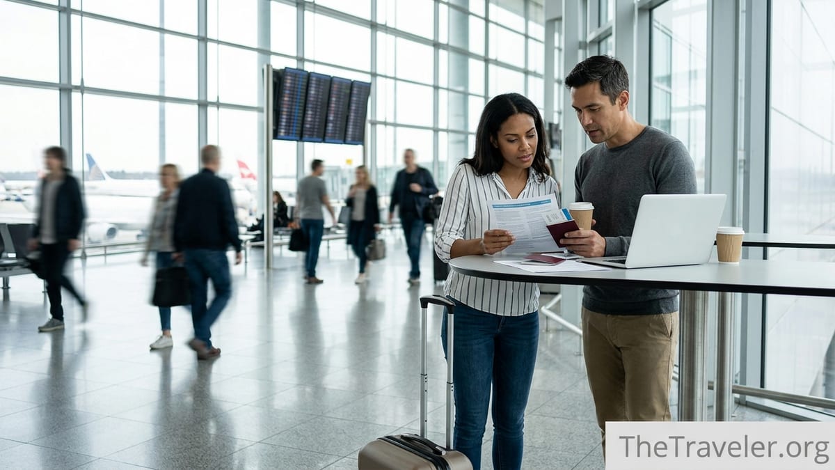 Travelers reviewing insurance documents at an airport table with luggage nearby.