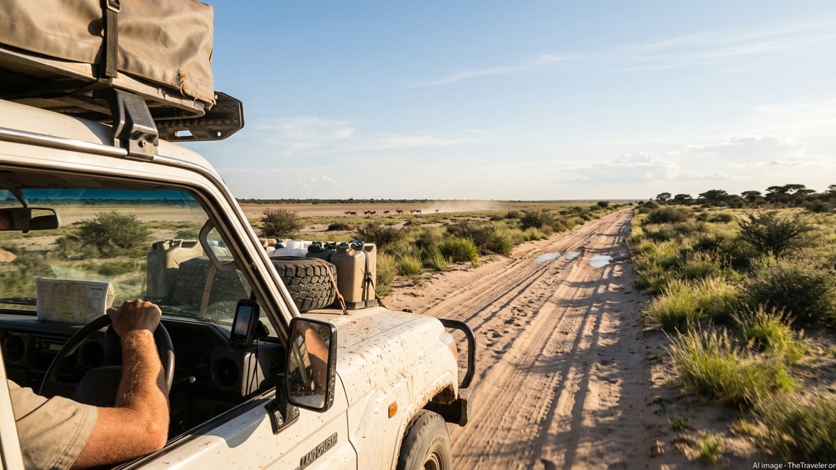4x4 vehicle traversing remote landscape in Botswana's Central Kalahari Game Reserve.