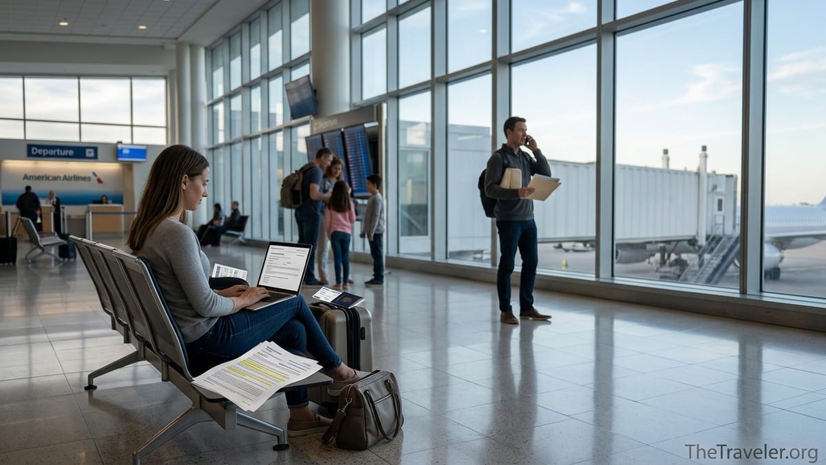 Traveler at airport reviewing AA travel insurance documents next to boarding pass and luggage.