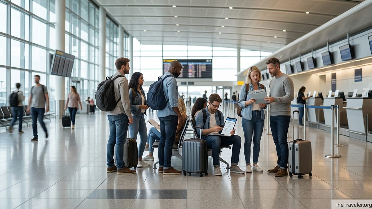 Travellers in a modern airport checking travel insurance documents before a flight