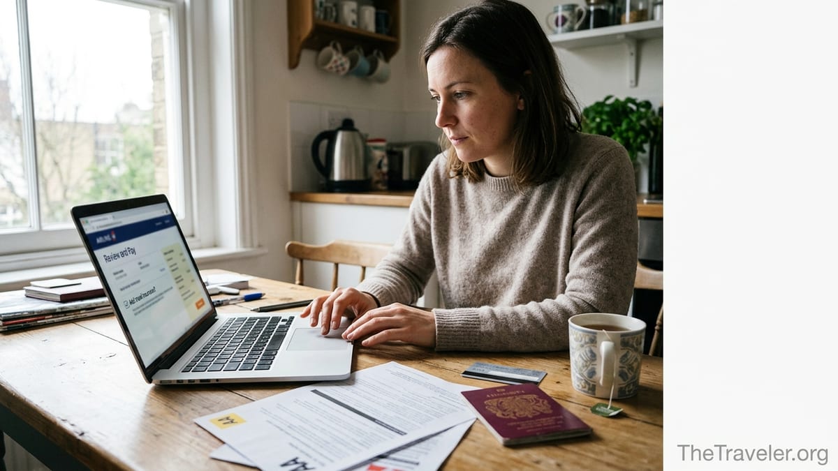 Traveler comparing AA travel insurance documents beside a laptop and UK passport at a kitchen table.