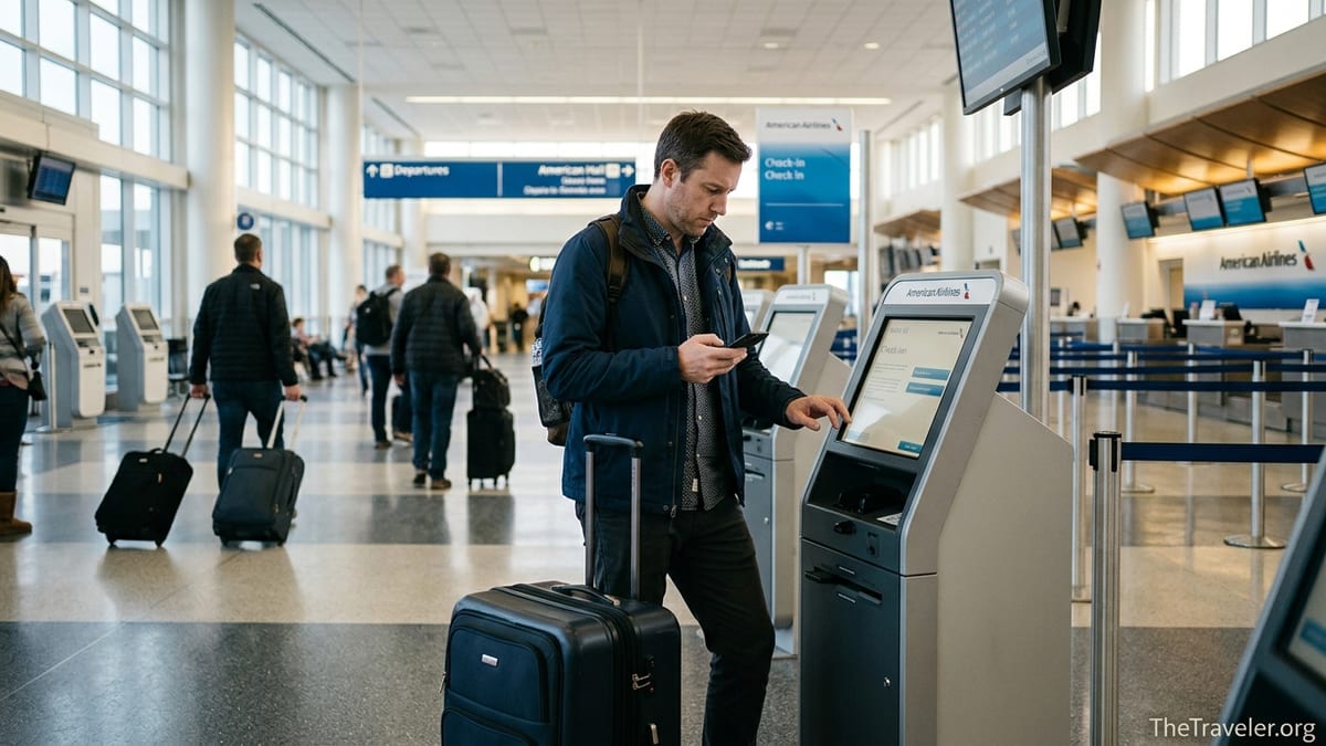 Traveler at an American Airlines check-in kiosk reviewing travel insurance details on their phone.