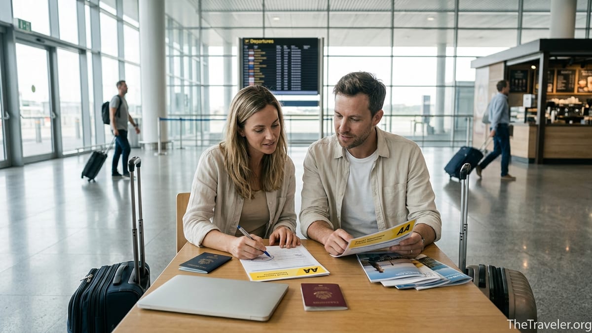 Travellers in an airport reviewing AA travel insurance documents before their flight.