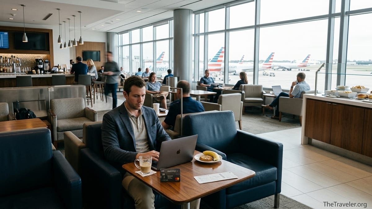 Traveler working in an American Airlines Admirals Club lounge with planes visible outside the windows.
