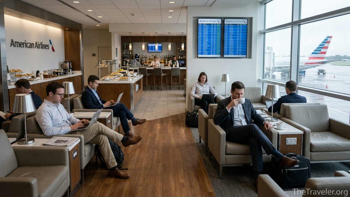 Travelers relaxing and working inside an American Airlines Admirals Club lounge at a US airport hub.