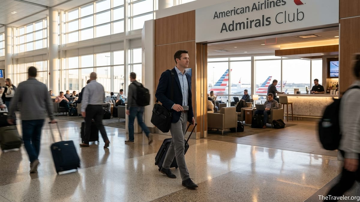 Traveler walking toward an Admirals Club entrance at a busy American Airlines hub terminal.