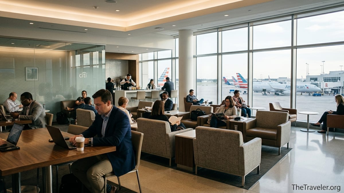 Travelers relaxing in an American Airlines Admirals Club lounge with ramp views at Dallas Fort Worth.