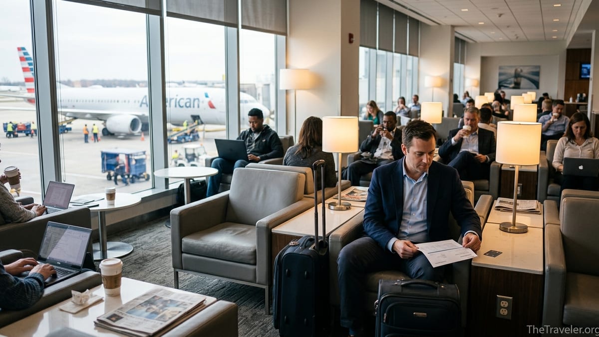 Traveler in an Admirals Club lounge weighing a premium credit card decision.