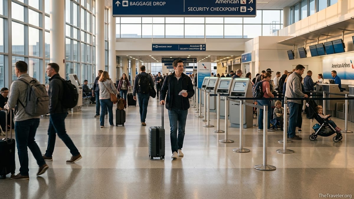 Traveler with suitcase at an American Airlines check-in area, airport terminal bustling.