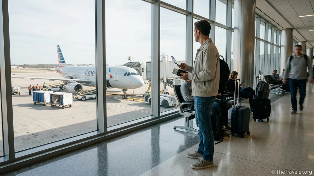 Traveler holding a credit card at an American Airlines gate with a plane outside the window.