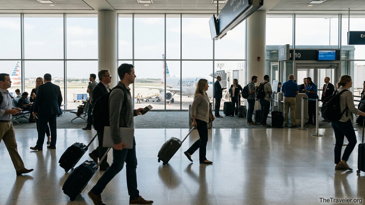 Travelers at a busy American Airlines gate rolling luggage through a bright airport terminal.