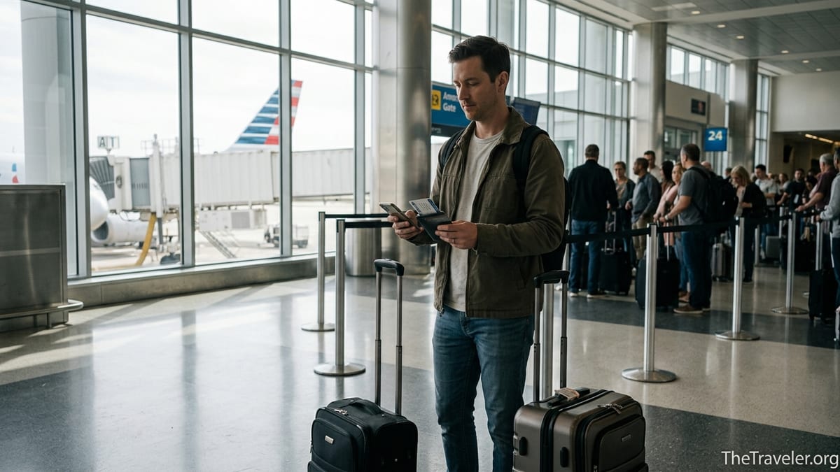 Traveler at an American Airlines gate using an AAdvantage Platinum Select card with luggage nearby.