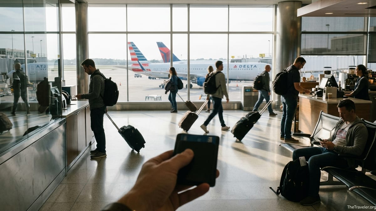 Travelers at a U.S. airport with American and Delta planes visible through large windows.