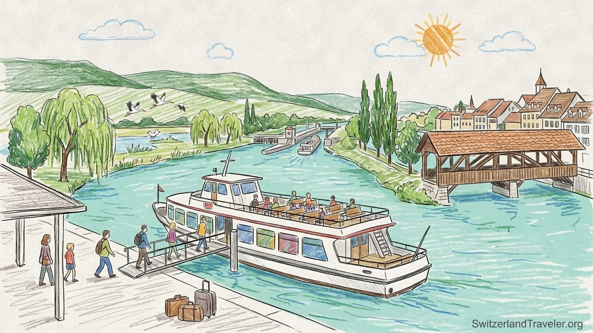Passengers on the upper deck of a river boat cruising the Aare between Solothurn and Biel.