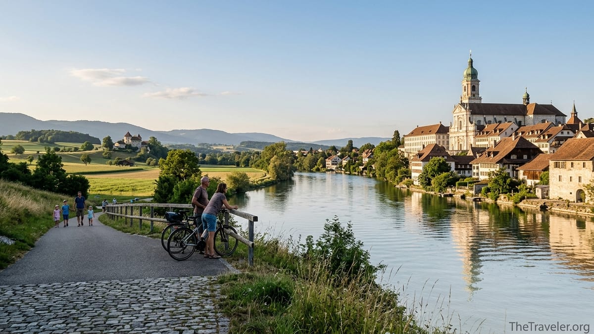 View over Solothurn’s baroque skyline and the Aare River merging into the rural Swiss Plateau landscape.