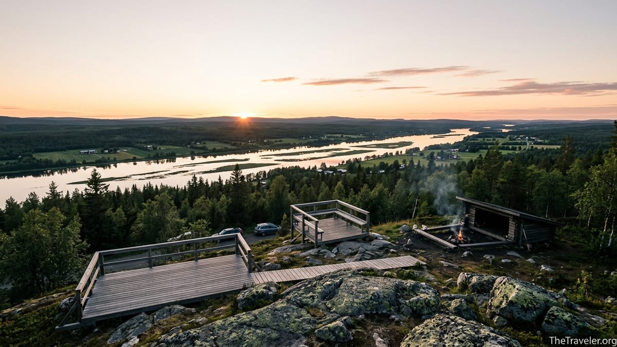 Midnight sun over Aavasaksa hill and the Tornio River Valley in Finnish Lapland.