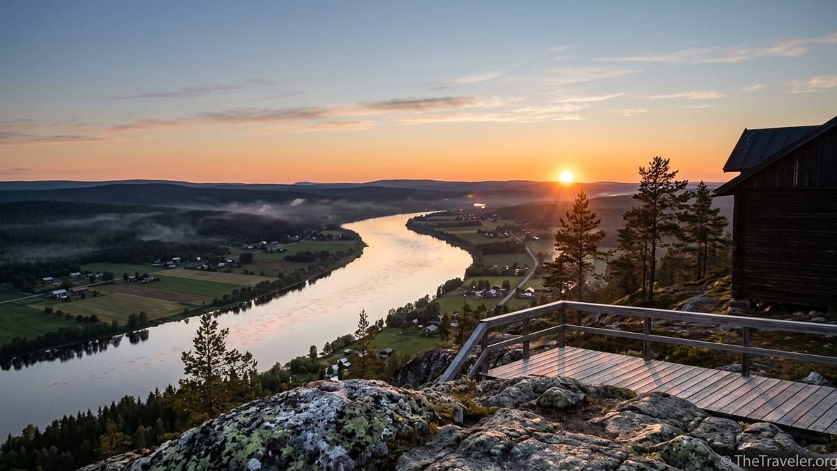Midnight sun over the Torne River Valley seen from the rocky summit of Aavasaksa in Finnish Lapland.