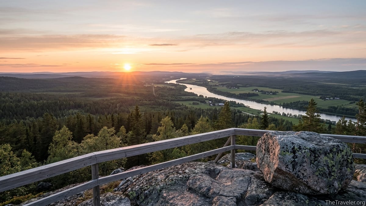 Midnight sun over the Torne River valley seen from the summit of Aavasaksa in Finnish Lapland.