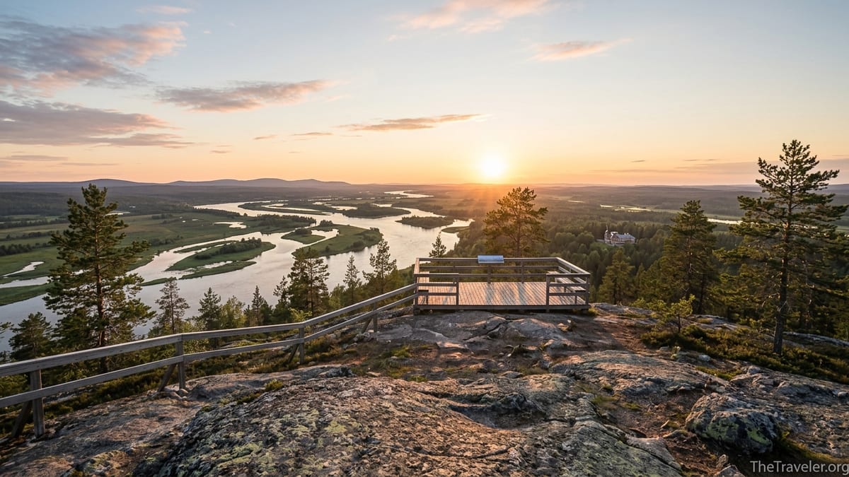 Midnight sun over the Tornio River Valley viewed from Aavasaksa hill in Finnish Lapland.