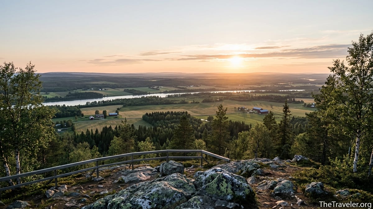 View from Aavasaksa hill over the Tornio River valley under the soft light of the midnight sun.