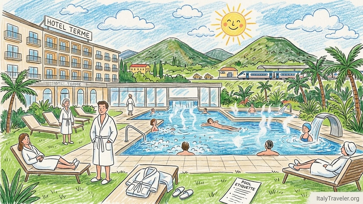 Outdoor thermal pool at a spa hotel in Abano Terme with steam rising and guests relaxing in white robes.