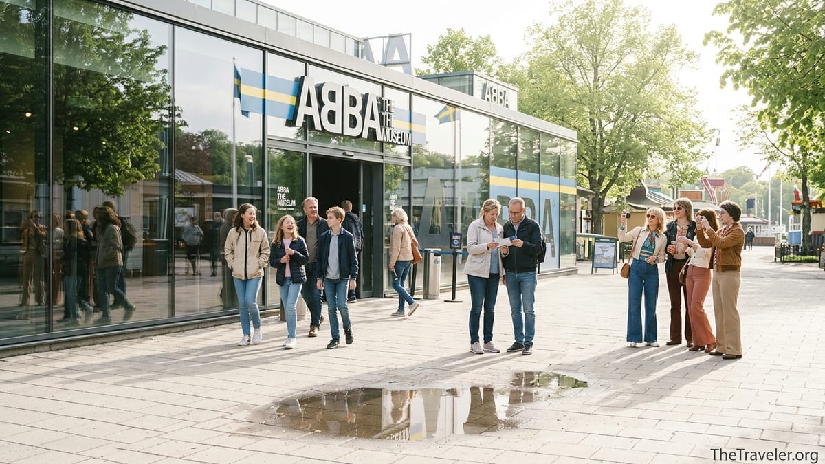 Visitors walking toward the glass facade of ABBA The Museum on Djurgården in Stockholm.