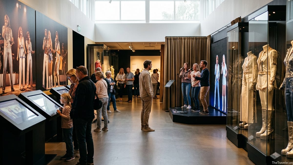 Visitors explore interactive exhibits and glittering costumes inside ABBA The Museum in Stockholm.