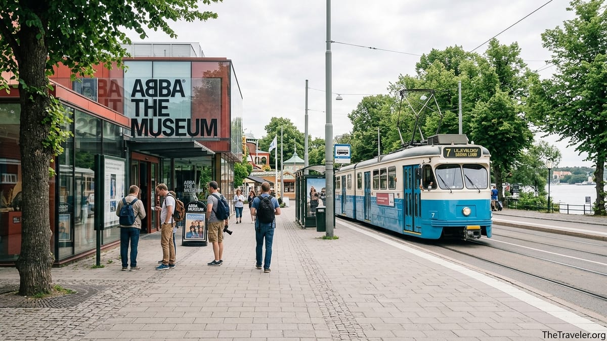 Visitors walking toward the glass-front entrance of ABBA The Museum on Djurgården in Stockholm with a tram passing nearby.