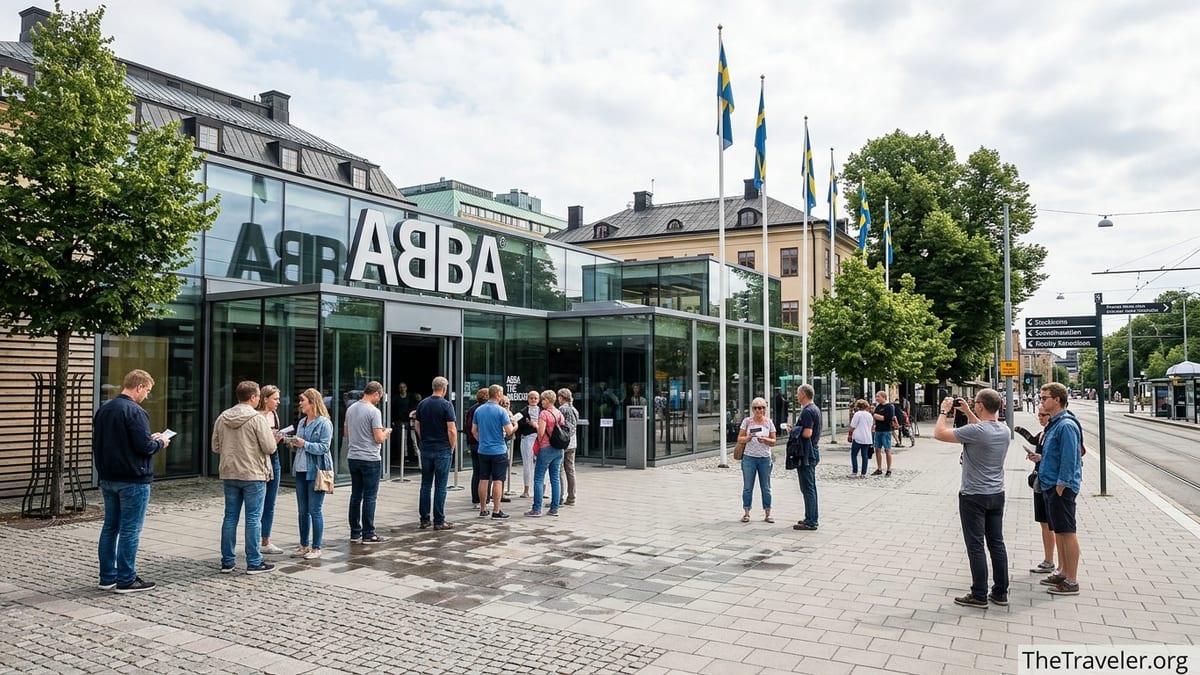 Visitors waiting with tickets outside ABBA The Museum on Djurgården in Stockholm.