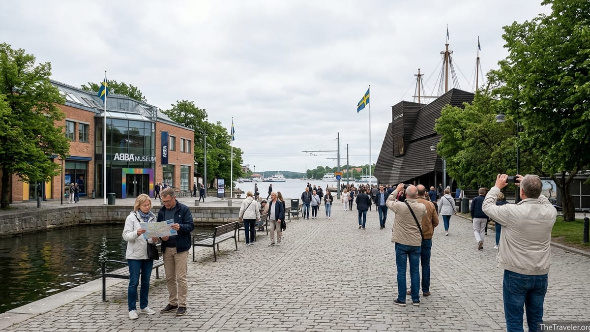 Visitors walking along Djurgården waterfront between the ABBA Museum and Vasa Museum in Stockholm.