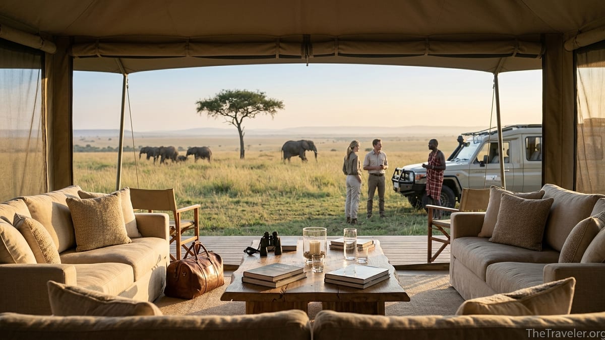 Luxury safari tent lounge overlooking African savannah with travelers and guide near vehicle at sunset.