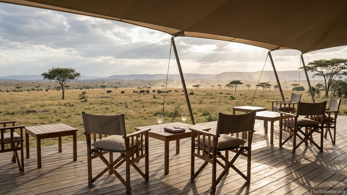 Luxury safari lodge terrace overlooking Maasai Mara savannah at golden hour.