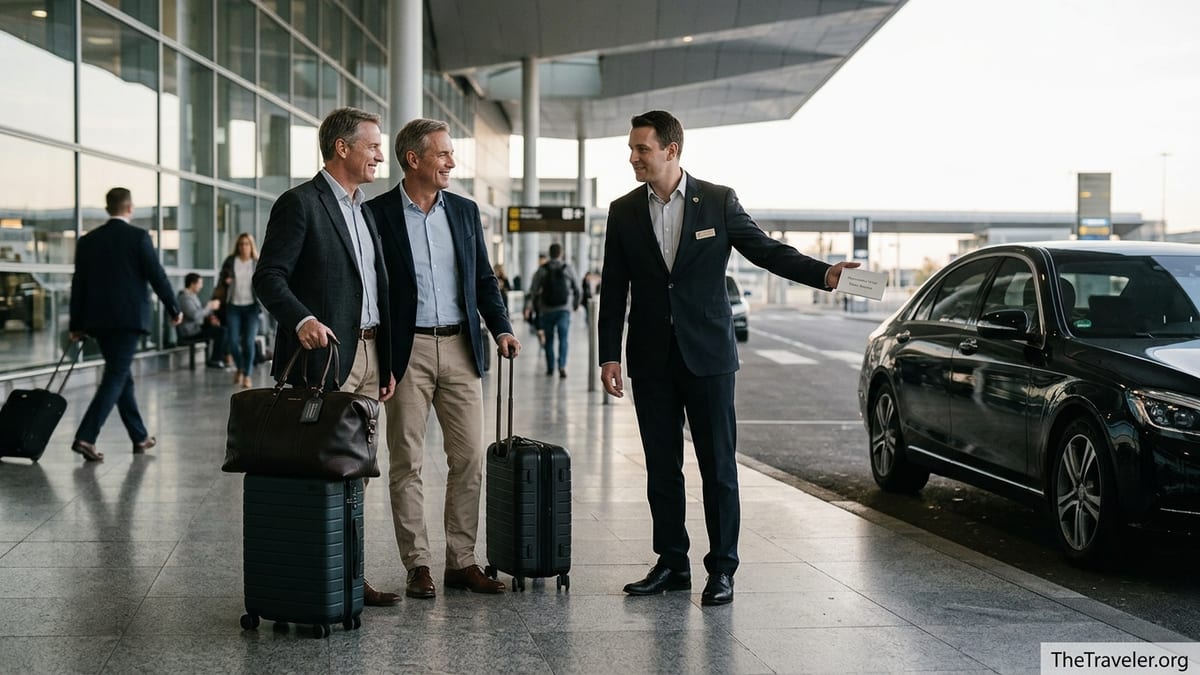 Couple greeted by a travel representative at an airport, suggesting personal luxury service.