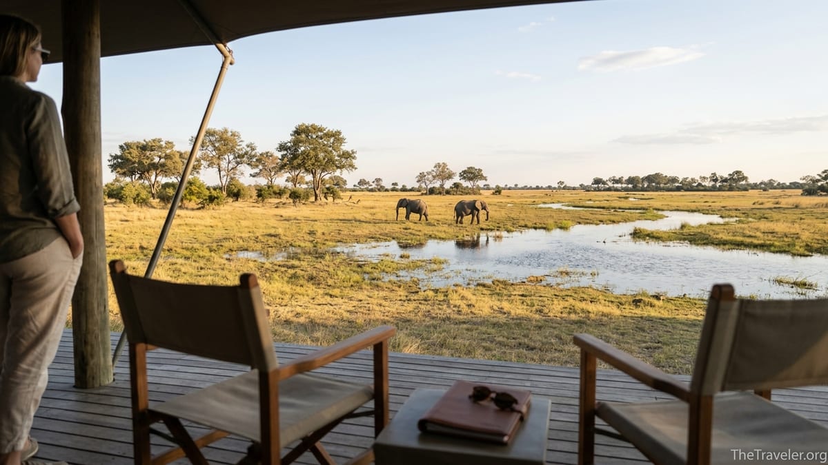 View from a luxury safari lodge deck over Botswana’s Okavango Delta at sunset with elephants grazing.