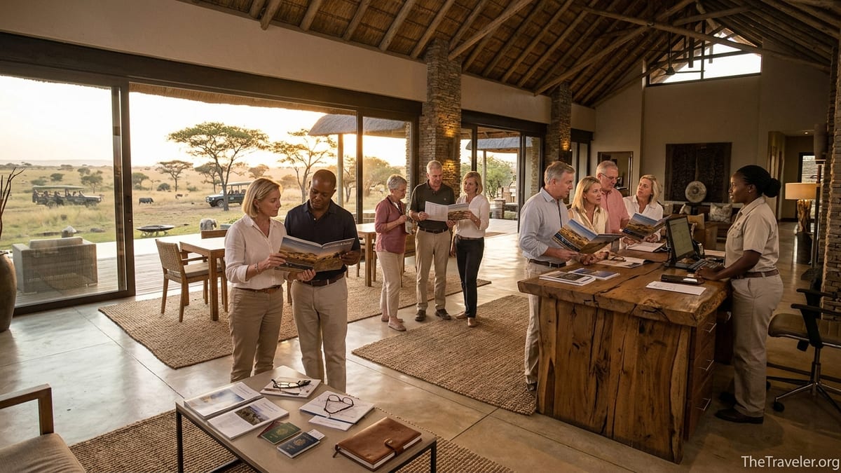 Travelers reviewing tour documents in a luxury safari lodge lobby at sunset.