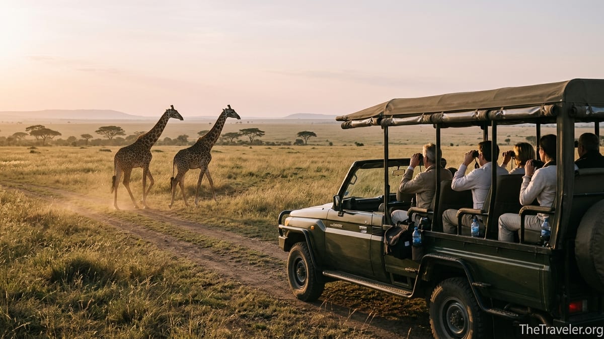 Luxury safari vehicle follows giraffes across sunlit Serengeti plains at golden hour.