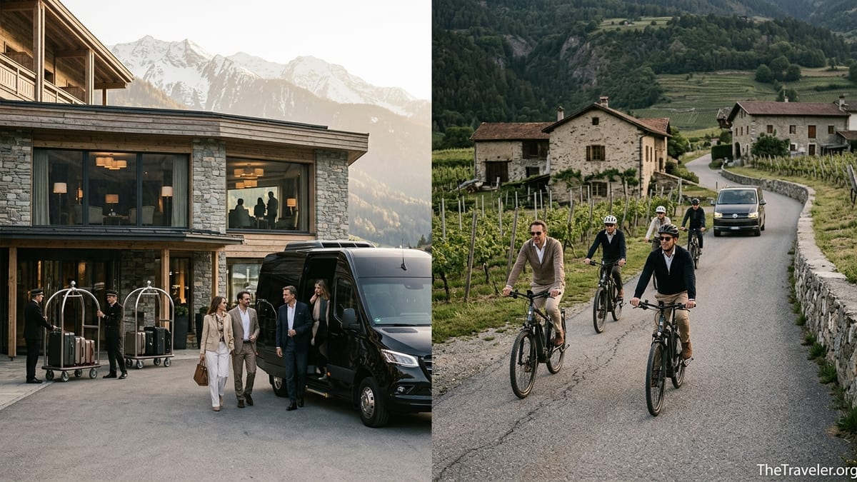 Luxury travelers arriving at an alpine hotel beside cyclists on a scenic mountain road at sunset.